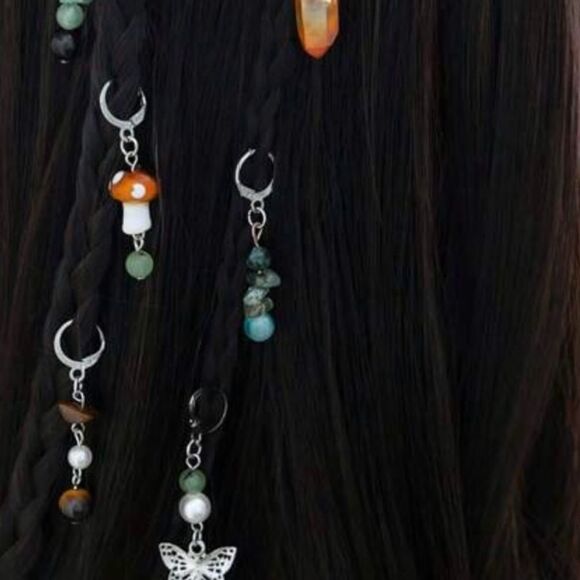 Bohemian Set Hair Charms, Butterfly, Crystal, Glass Mushroom, Silver Tone, Stone - Picture 2 of 4